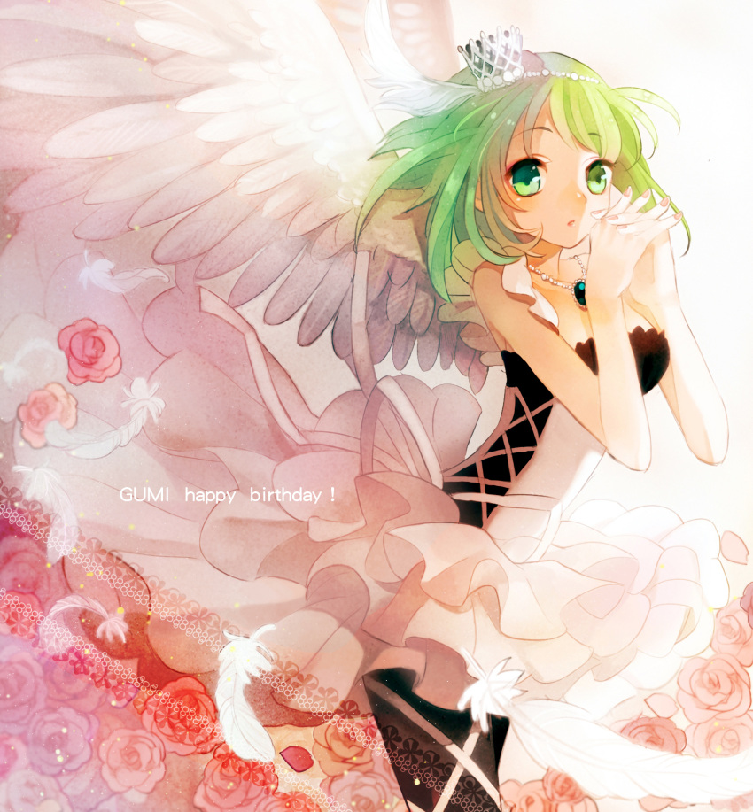 1girl :o angel_wings bare_shoulders black_legwear character_name collarbone cowboy_shot cross-laced_clothes crown dress emerald feathered_wings flower gem green_eyes green_hair gumi hands_together happy_birthday head_wings highres interlocked_fingers jewelry layered_dress lips nail_polish necklace parted_lips pendant petals pink_nails q-chiang red_rose rose rose_petals short_hair sleeveless sleeveless_dress solo standing tareme vocaloid white_dress white_wings wings