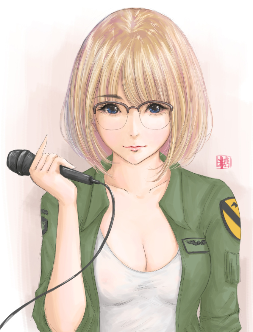 1girl absurdres blonde_hair blue_eyes breasts cleavage collarbone covered_nipples eyelashes glasses gradient gradient_background highres jacket light_smile lips looking_at_viewer military military_jacket original over-rim_glasses patch pink_background see-through semi-rimless_glasses shirt short_hair sketch sleeves_rolled_up solo sweetsoupman upper_body white_shirt