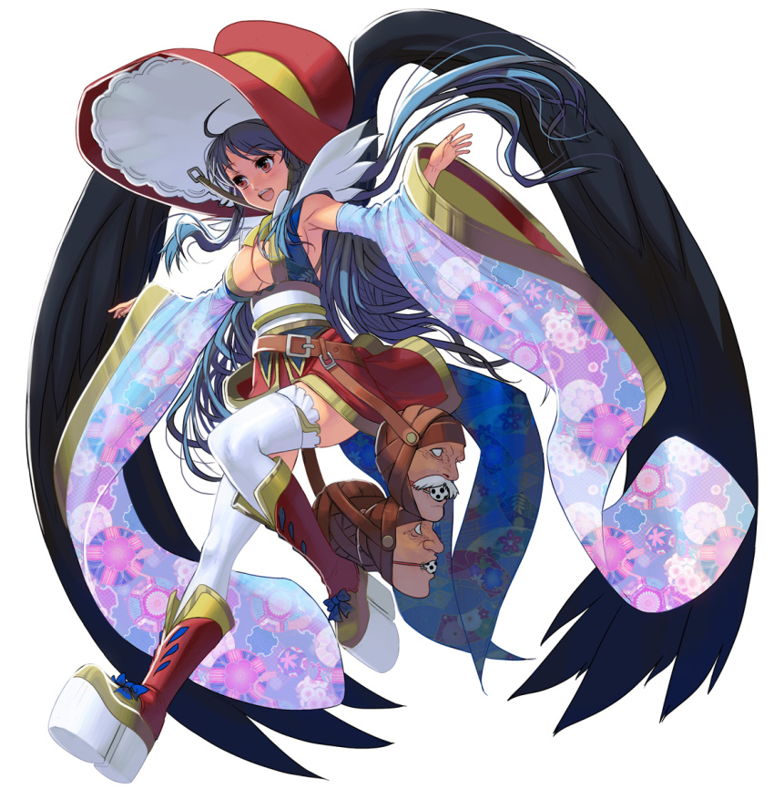 1girl belt black_hair breasts cleavage detached_sleeves disembodied_head floral_print hat highres large_breasts long_hair masao original red_eyes sash shirt skirt solo thigh-highs thighs very_long_hair white_legwear wide_sleeves wings zettai_ryouiki