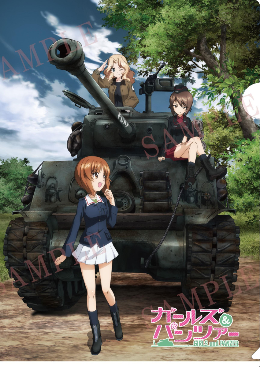 3girls absurdres artist_request black_legwear blonde_hair blue_eyes boots brown_eyes brown_hair clouds cloudy_sky copyright_name crossed_legs dress_shirt fury_(movie) garrison_cap girls_und_panzer hat highres jacket kay_(girls_und_panzer) long_hair long_sleeves looking_at_another looking_at_viewer m4_sherman military military_uniform miniskirt multiple_girls nishizumi_maho nishizumi_miho one_eye_closed open_clothes open_jacket open_mouth outdoors pleated_skirt red_shirt red_skirt salute sample shirt short_hair siblings sisters skirt sky smile socks standing tree uniform watermark white_skirt