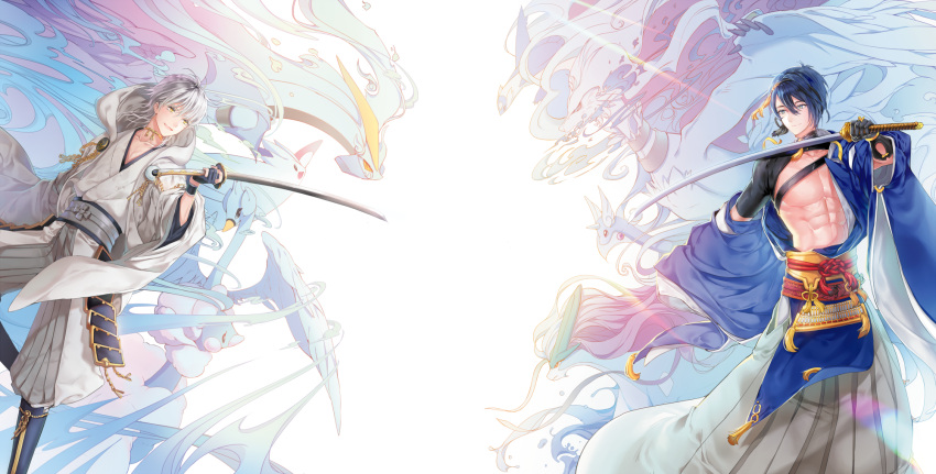 2boys abs altaria black_gloves blue_eyes blue_hair cherinova dragonair gloves highres hood japanese_clothes katana kyurem latios male_focus mikazuki_munechika multiple_boys off_shoulder open_mouth pokemon pokemon_(creature) reshiram smile suicune swanna sword togekiss touken_ranbu tsurumaru_kuninaga weapon white_hair yellow_eyes