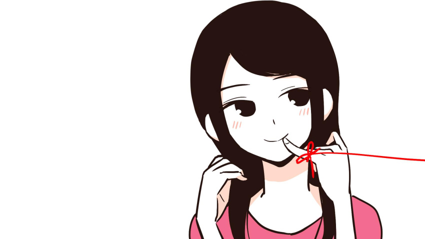 1girl black_hair blush facing_viewer highres long_hair looking_to_the_side original pink_shirt pinky_to_mouth poaro red_string shirt simple_background smile solo string string_on_pinky white_background