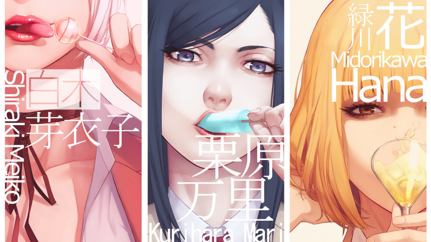1girl black_hair blonde_hair blue_eyes brown_eyes candy character_name choker close-up cup drinking_glass face hands heart heart-shaped_pupils highres kurihara_mari_(prison_school) light_smile lips lipstick lollipop long_hair looking_at_viewer makeup midorikawa_hana mouth nose popsicle prison_school red_background shiraki_meiko short_hair silver_hair simple_background solo symbol-shaped_pupils tongue tongue_out vocky wine_glass