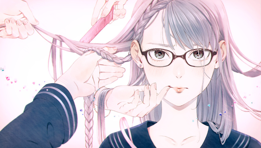 1girl bracelet braid comb earrings glasses grey_eyes hairdressing hand_on_another's_face highres jewelry kaisen long_hair looking_at_viewer original school_uniform serafuku silver_hair solo_focus