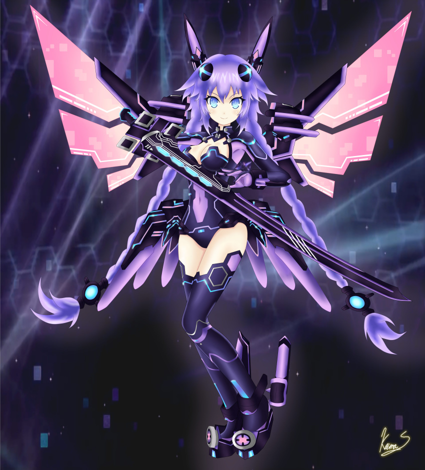 1girl absurdres bangs blue_eyes braid breasts cleavage cleavage_cutout detached_wings gloves hair_ornament highres leotard long_hair looking_at_viewer neptune_(choujigen_game_neptune) neptune_(series) purple_hair purple_heart solo sword symbol-shaped_pupils thigh-highs twin_braids very_long_hair weapon wings