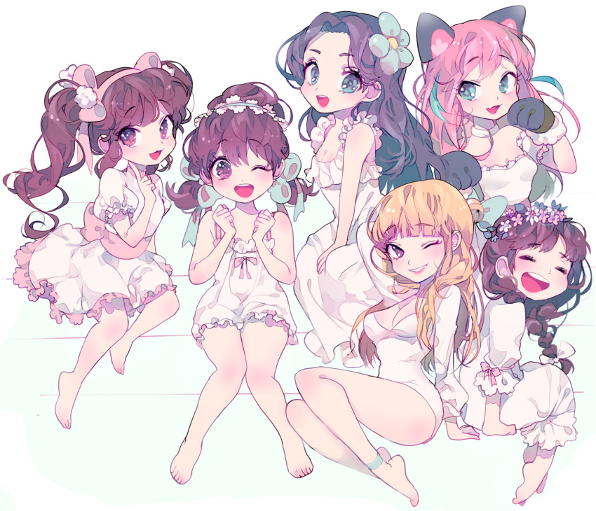5girls :3 :d ;d alternate_costume alternate_hairstyle animal_ears ankle_cuffs aqua_eyes aqua_hair arm_behind_head armband back-to-back bangs bare_legs barefoot black_hair blonde_hair blue_bow blue_eyes blue_flower blunt_bangs blush bow braid breasts brown_eyes brown_hair cat_ears chibimi chibita choker cleavage clenched_hands dress eyebrows eyebrows_visible_through_hair fang flower flower_girl_(osomatsu-kun) frilled_dress frilled_sleeves frills full_body gloves hair-bow hair_bow hair_flower hair_ornament hair_over_shoulder hairband hashimoto_nyaa head_wreath highres index_finger_raised inhye iyami iyayo juushimatsu's_girlfriend knees_together_feet_apart laughing leotard long_dress long_hair long_sleeves looking_at_viewer low_twintails multicolored_hair multiple_girls one_eye_closed open_mouth osomatsu-kun osomatsu-san parted_bangs paw_gloves paw_pose pink_bow pink_hair pink_ribbon pom_pom_(clothes) puffy_short_sleeves puffy_sleeves ribbon sash short_sleeves short_twintails sitting sleeveless sleeveless_dress smile streaked_hair twintails white_dress yowai_totoko