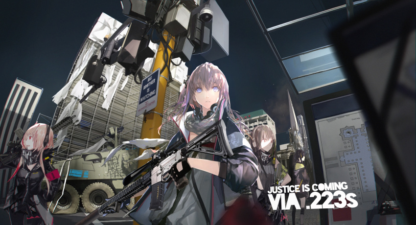 4girls black_gloves blue_eyes brown_hair fingerless_gloves girls_frontline gloves gun highres holding_gun holding_weapon jacket lin+ long_hair multiple_girls pink_hair red_eyes weapon