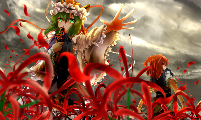 2girls covering_mouth dress flower green_eyes green_hair hat hat_ribbon highres long_sleeves looking_at_viewer looking_back matsufox multiple_girls obi onozuka_komachi outstretched_arm petals profile puffy_sleeves red_eyes redhead ribbon rod_of_remorse sash shiki_eiki shirt short_hair short_sleeves skirt skirt_set spider_lily touhou twintails vest wide_sleeves