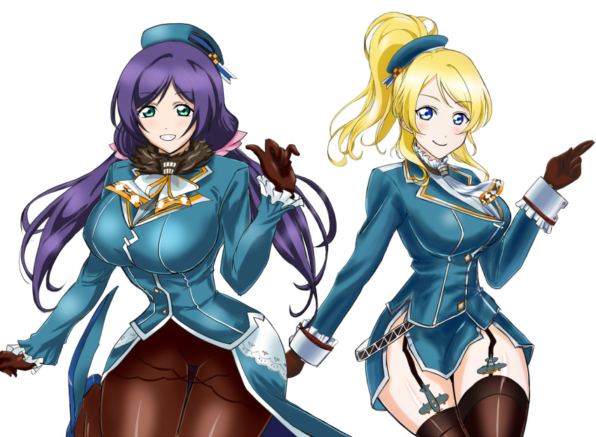 atago_(kantai_collection) atago_(kantai_collection)_(cosplay) ayase_eli black_gloves black_legwear blonde_hair blue_eyes breasts cosplay garter_straps gloves green_eyes hat huge_breasts kantai_collection long_hair love_live!_school_idol_project low_twintails military military_uniform nyantamaran one_side_up pantyhose ponytail purple_hair scrunchie skirt smile takao_(kantai_collection) takao_(kantai_collection)_(cosplay) thigh-highs toujou_nozomi twintails uniform
