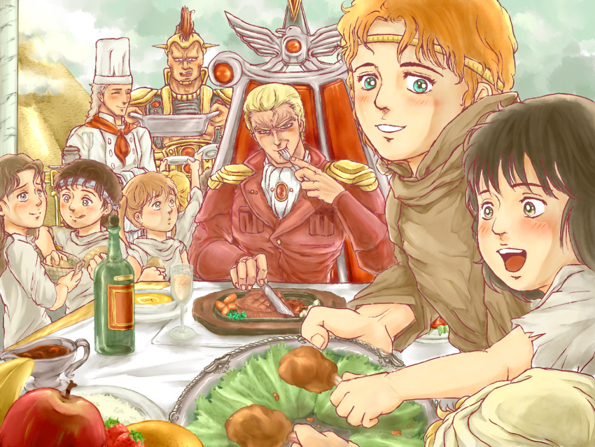 2girls 5boys apple armor arms_up banana basket belga_(hokuto_no_ken) blonde_hair blush bread buffet carrot chicken_leg child closed_eyes clouds cook cup eating facial_mark food forehead_mark fork formal fruit headband highres hokuto_no_ken jewelry knife lifting looking_at_viewer looking_away looking_down looking_up multiple_boys multiple_girls neckerchief nisejuuji open_mouth orange_hair plate pyramid rem_(hokuto_no_ken) rice salad sauce shiva_(hokuto_no_ken) short_hair shoulder_pads sitting smile soldier soup souther steak strawberry table throne tomato turban twintails