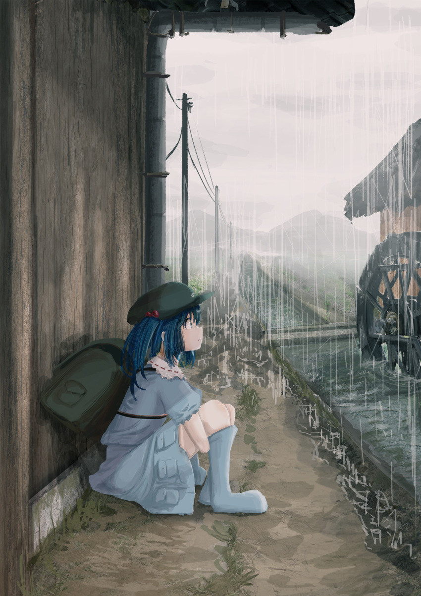 1girl aki_tsui backpack bag blue_eyes blue_hair boots full_body hair_bobbles hair_ornament hat highres kawashiro_nitori looking_up on_ground profile puffy_sleeves rain rubber_boots shirt short_sleeves sitting skirt skirt_set solo touhou twintails water