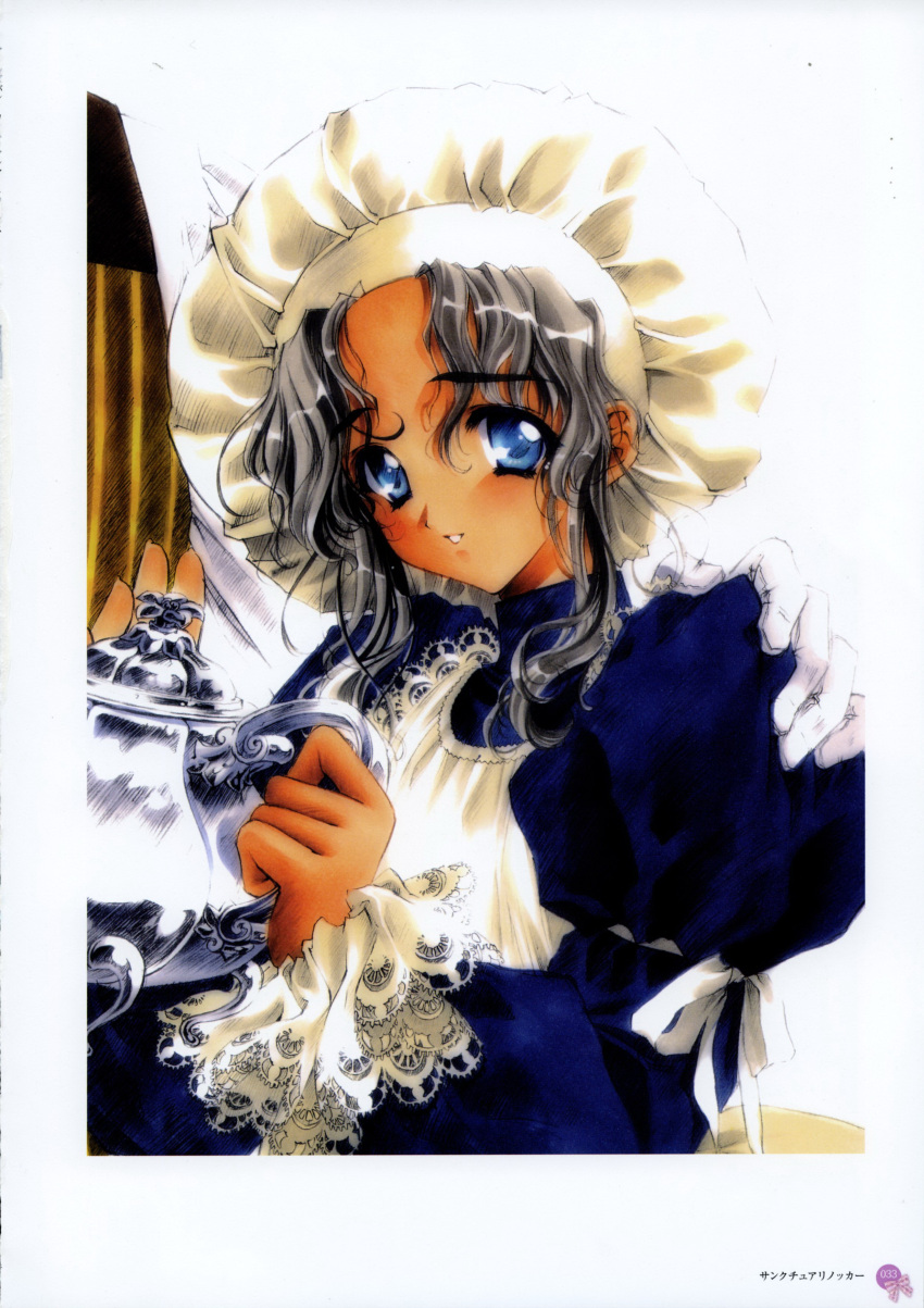 1boy 1girl absurdres apron blue_eyes carnelian detached_sleeves grey_hair hand_on_shoulder highres looking_at_viewer maid maid_apron maid_headdress smile teapot
