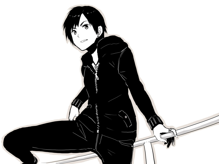 1girl absurdres black_jacket cross cross_necklace earrings highres jacket jewelry looking_at_viewer monochrome original outline pants poaro railing reverse_trap ring short_hair simple_background sitting solo spot_color white_background zipper