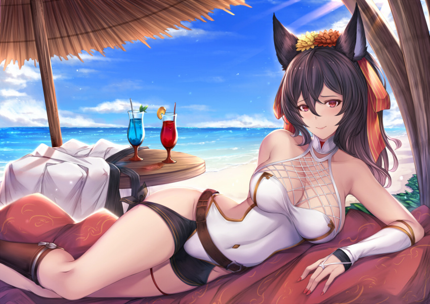 1girl animal_ears asymmetrical_legwear bangs bare_shoulders beach bikini blue_sky blush breasts brown_flower brown_hair brown_legwear cleavage closed_mouth clouds collarbone commentary_request cup day drink drinking_glass drinking_straw erune eyebrows_visible_through_hair fingernails flower granblue_fantasy groin hair_between_eyes hair_flower hair_ornament horizon ilsa kneehighs large_breasts long_hair looking_at_viewer lying nail_polish ocean on_side outdoors pak_ce red_eyes red_nails sand single_kneehigh sky smile solo swimsuit water white_bikini yellow_footwear