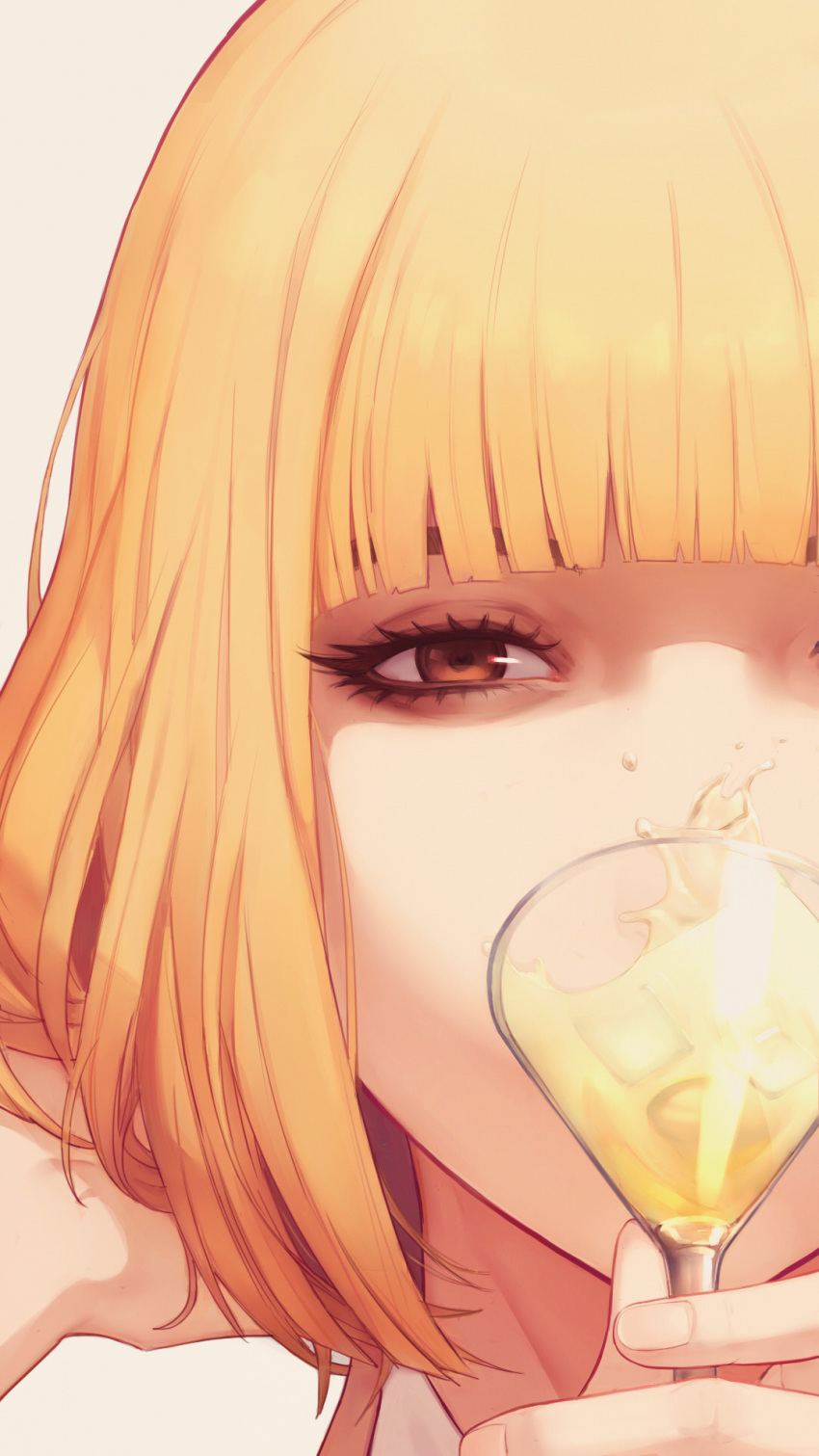 1girl blonde_hair brown_eyes close-up cup drinking_glass face heart heart-shaped_pupils highres long_hair looking_at_viewer midorikawa_hana prison_school solo symbol-shaped_pupils vocky wine_glass