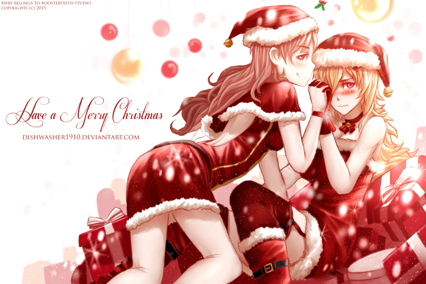 2girls artist_name backless_outfit blush breasts capelet cleavage copyright_name dishwasher1910 embarrassed english garter_straps gift hair_over_one_eye hat highres looking_at_viewer merry_christmas mistletoe multiple_girls neo_(rwby) rwby santa_costume santa_hat smirk thigh-highs wavy_mouth yang_xiao_long yuri