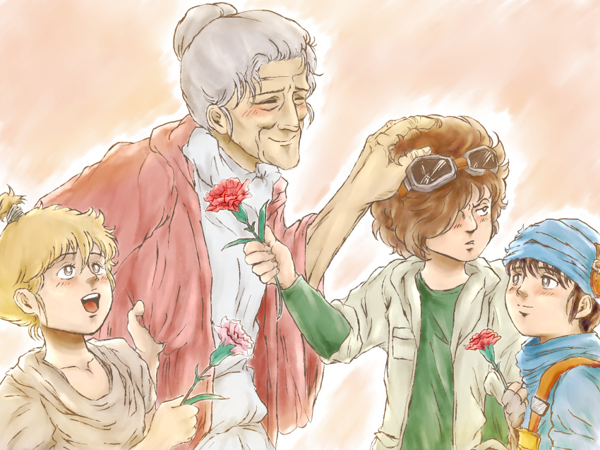 1girl 3boys annoyed bat_(hokuto_no_ken) black_hair blonde_hair blush brown_eyes brown_hair child closed_eyes flower goggles grabbing grandmother_and_grandson hair_bun hand_on_another's_head highres hokuto_no_ken jacket looking_away looking_to_the_side looking_up multiple_boys nisejuuji old_woman open_mouth rose silver_hair smile tagme taki_(hokuto_no_ken) toyo_(hokuto_no_ken) turban