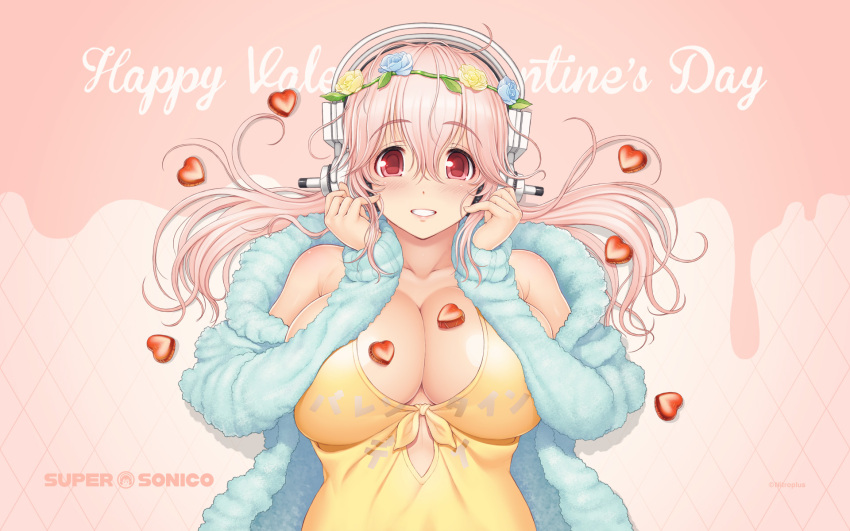 1girl bare_shoulders blush breasts character_name chocolate chocolate_heart cleavage english flower hair_flower hair_ornament happy_valentine head_wreath headphones heart highres large_breasts long_hair looking_at_viewer nitroplus official_art open_mouth pink_hair red_eyes smile solo super_sonico tsuji_santa valentine wallpaper
