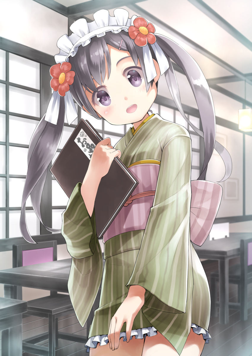 1girl black_hair flower hair_flower hair_ornament highres japanese_clothes kimono long_hair looking_at_viewer maid_headdress menu open_mouth original rin2008 short_kimono short_yukata smile solo twintails violet_eyes yukata yukata_maid