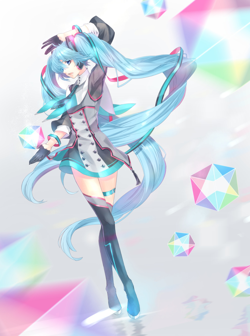 1girl absurdly_long_hair arm_up blue_eyes blue_hair boots floating_hair full_body gloves hatsune_miku headphones highres long_hair mokona1107 necktie open_mouth skirt solo thigh-highs thigh_boots thigh_strap twintails very_long_hair vocaloid