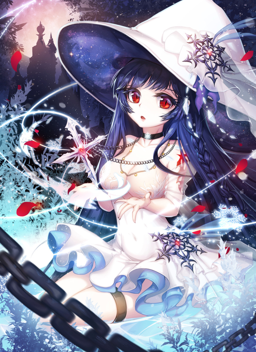 1girl absurdres blue_hair braid breasts chain cleavage collarbone cross dress fantasy hat highres jewelry long_hair looking_at_viewer necklace open_mouth original pendant petals red_eyes see-through single_braid sitting snow_is_ snowflakes solo tattoo thigh_strap white_dress wizard_hat