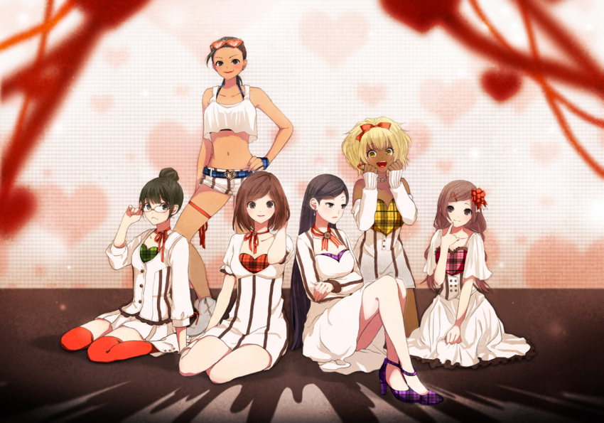 6+girls :d adjusting_glasses alternate_costume bangs bare_shoulders belt black_eyes black_hair blonde_hair blue_eyes blurry boots bow bra_strap braid breast_hold brown_eyes brown_hair buttons choker choroko_(osomatsu-san) closed_mouth collarbone contrapposto crop_top crop_top_overhang dark_skin depth_of_field dress earrings eyebrows eyebrows_visible_through_hair eyelashes finger_to_mouth flower frilled_sleeves frills frown glasses hair_bow hair_bun hair_flower hair_ornament hairclip halterneck hand_on_hip haresuke heart heart-shaped_sunglasses heart_earrings high_heels holding ichiko_(osomatsu-san) jacket jewelry juushiko_(osomatsu-san) karako_(osomatsu-san) kneeling lipstick long_hair long_sleeves looking_at_viewer looking_away low_ponytail makeup matching_outfit midriff multiple_girls navel neck_ribbon necklace off-shoulder_dress off_shoulder open_mouth orange_bow orange_legwear orange_ribbon osoko_(osomatsu-san) osomatsu-san pink_lipstick plaid plaid_shoes red_lipstick red_ribbon ribbon ribbon_choker rimless_glasses shoes short_dress short_hair short_sleeves sitting skirt sleeveless smile standing stomach sunglasses sunglasses_on_head swept_bangs tank_top thigh-highs thigh_strap todoko_(osomatsu-san) twin_braids twintails underbust upskirt valentine wariza white_boots white_dress white_shorts white_skirt wristband yellow_eyes