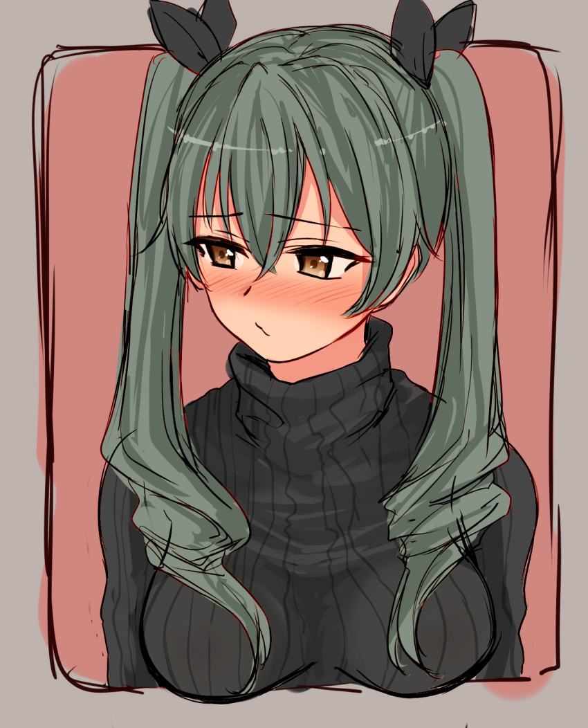 1girl anchovy black_sweater blush brown_eyes drill_hair girls_und_panzer grey_hair highres kento1102 long_hair solo sweater twin_drills