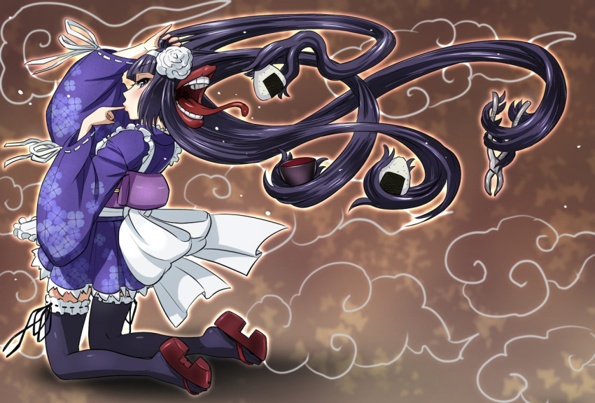 1girl apron bangs black_hair black_legwear blue_eyes blunt_bangs brown_background cup finger_sucking floating_hair food frills from_side full_body geta japanese_clothes kneeling leg_garter long_hair maid_apron onigiri open_mouth pliers sandals simple_background solo thigh-highs tongue tongue_out wind zenzaio72