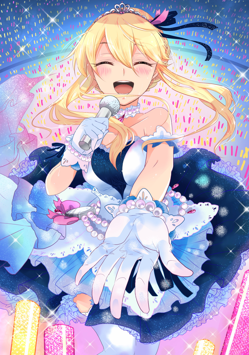 1girl absurdres artist_request blonde_hair blush clarice_(idolmaster) closed_eyes dress gloves highres idolmaster idolmaster_cinderella_girls idolmaster_cinderella_girls_starlight_stage long_hair microphone open_mouth smile solo thigh-highs tiara