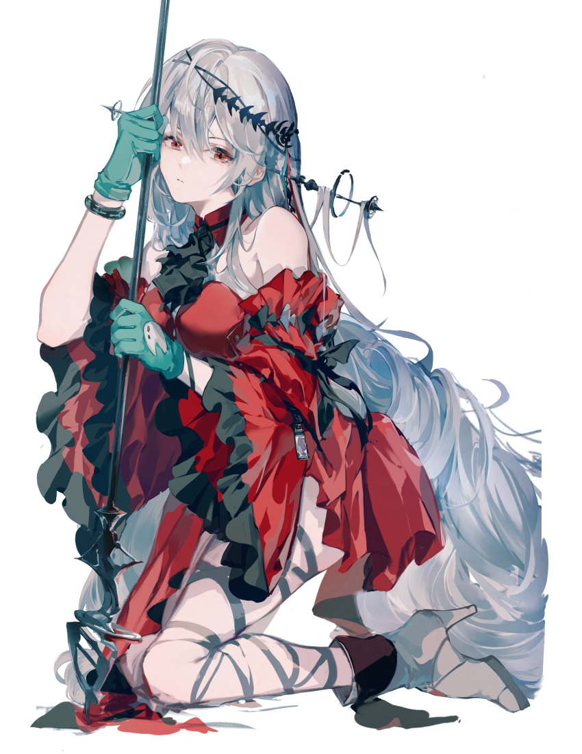 1girl absurdres aqua_gloves arknights bangs bare_shoulders boots chinese_commentary cravat detached_sleeves dress gloves high_heel_boots high_heels highres infection_monitor_(arknights) long_hair red_dress red_eyes silver_hair skadi_(arknights) skadi_the_corrupting_heart_(arknights) solo thigh_strap very_long_hair zhishihua