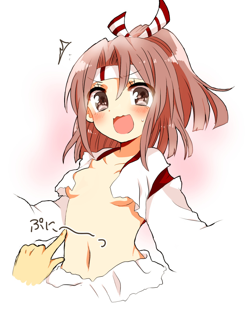 1girl aya_(421ura) breasts brown_eyes crop_top hachimaki hands headband highres kantai_collection light_brown_hair midriff navel open_clothes open_mouth open_shirt shirt small_breasts striped touching under_boob upper_body wavy_mouth zuihou_(kantai_collection)