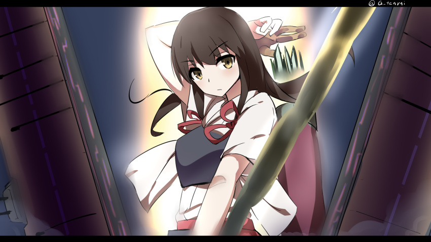 1girl akagi_(kantai_collection) arm_behind_head arm_up arrow bow_(weapon) brown_eyes brown_hair flight_deck hakama_skirt heavens_thunder_(byakuya-part2) highres japanese_clothes kantai_collection letterboxed long_hair looking_at_viewer muneate nontraditional_miko partly_fingerless_gloves quiver ribbon solo straight_hair tasuki twitter_username weapon