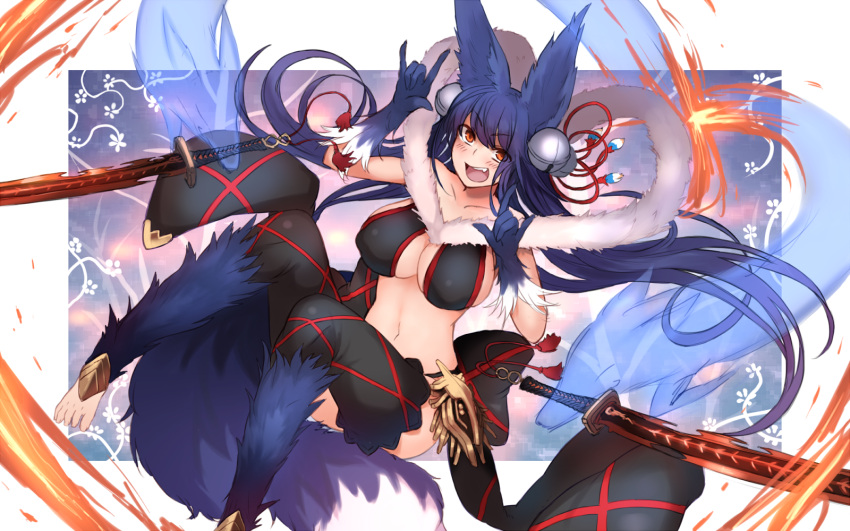 1girl animal_ears bell breasts cleavage fox_ears fox_tail ganesagi gloves granblue_fantasy hair_bell hair_ornament highres jingle_bell long_hair looking_at_viewer navel open_mouth purple_hair red_eyes smile solo tail yuel_(granblue_fantasy)