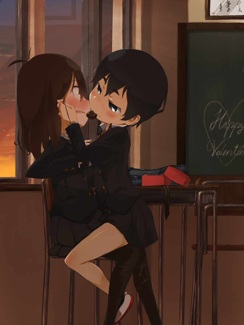 2girls absurdres black_hair black_legwear blazer blue_eyes blush brown_hair chair chocolate desk ei_(ss4) eye_contact hand_on_another's_cheek hand_on_another's_face highres long_hair looking_at_another mouth_hold multiple_girls open_mouth original pantyhose school_uniform shoes short_hair sitting sitting_on_person skirt smile straddling uwabaki valentine yuri