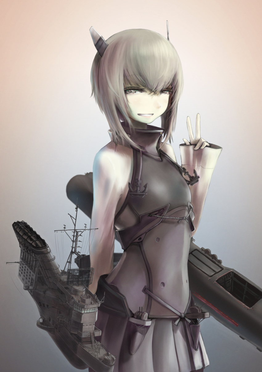 1girl absurdres brown_eyes brown_hair clenched_teeth flat_chest gradient gradient_background grey_background headgear highres kantai_collection long_sleeves looking_at_viewer looking_to_the_side machinery narrowed_eyes nito_(nshtntr) pleated_skirt short_hair skirt sleeves_past_wrists solo taihou_(kantai_collection) teeth upper_body v