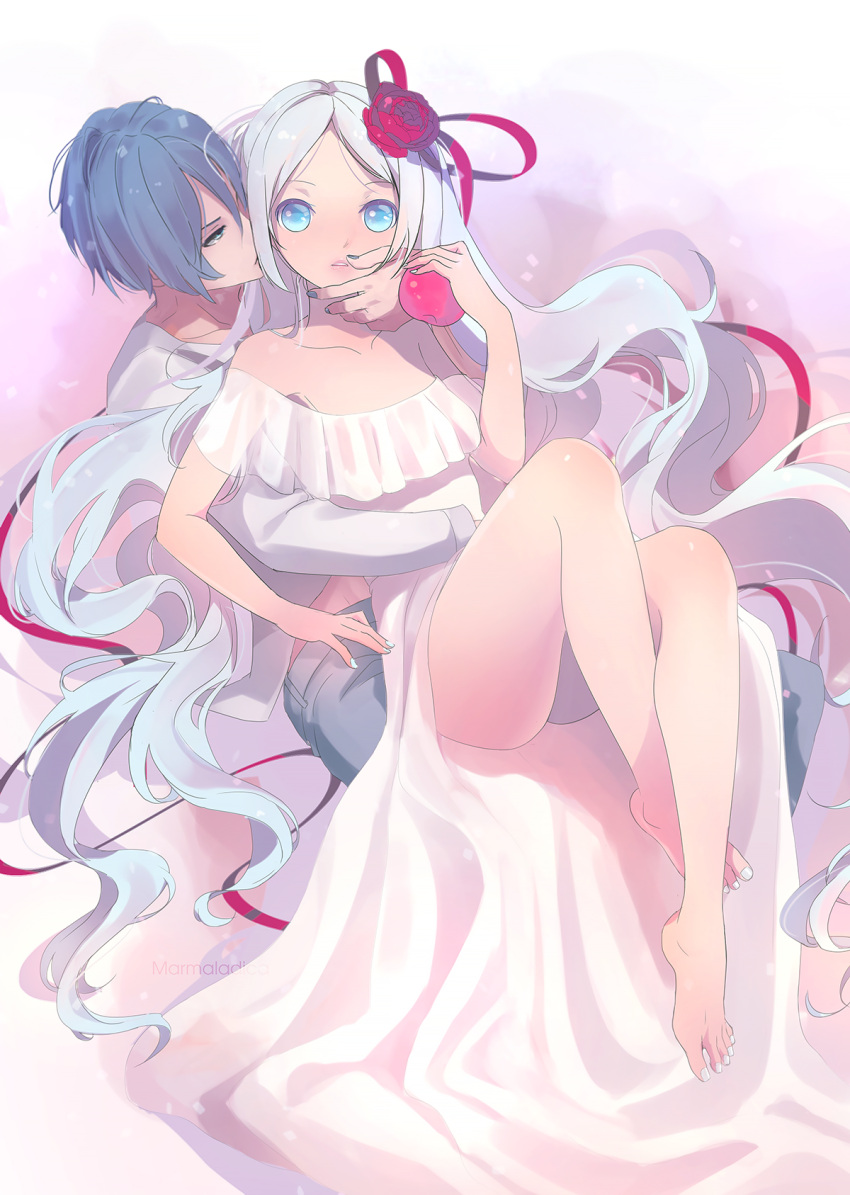 1boy 1girl :o apple artist_name bare_shoulders barefoot belt blue_hair blue_nails blush collarbone collared_shirt dress flower food fruit girl_on_top gradient gradient_background green_eyes hair_flower hair_ornament hair_ribbon half-closed_eyes hatsune_miku highres holding holding_fruit hug hug_from_behind kaito legs_together long_sleeves marmalade_(elfless_vanilla) nail_polish off-shoulder_dress off_shoulder on_lap pants parted_lips pink_background red_ribbon red_rose ribbon rose see-through shirt simple_background sitting sitting_on_lap sitting_on_person tareme thighs toenail_polish toes valentine vocaloid white_background white_dress white_nails white_shirt