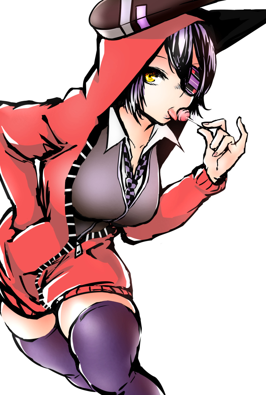 bangs breasts candy cleavage commentary_request eyepatch food food_in_mouth hair_between_eyes hair_over_one_eye hand_in_pocket headgear highres hometa hood hoodie kantai_collection leaning_forward licking lollipop looking_at_viewer necktie open_collar pinky_out purple_hair purple_legwear purple_vest shirt short_hair tenryuu_(kantai_collection) thigh-highs tongue tongue_out unzipped white_shirt yellow_eyes