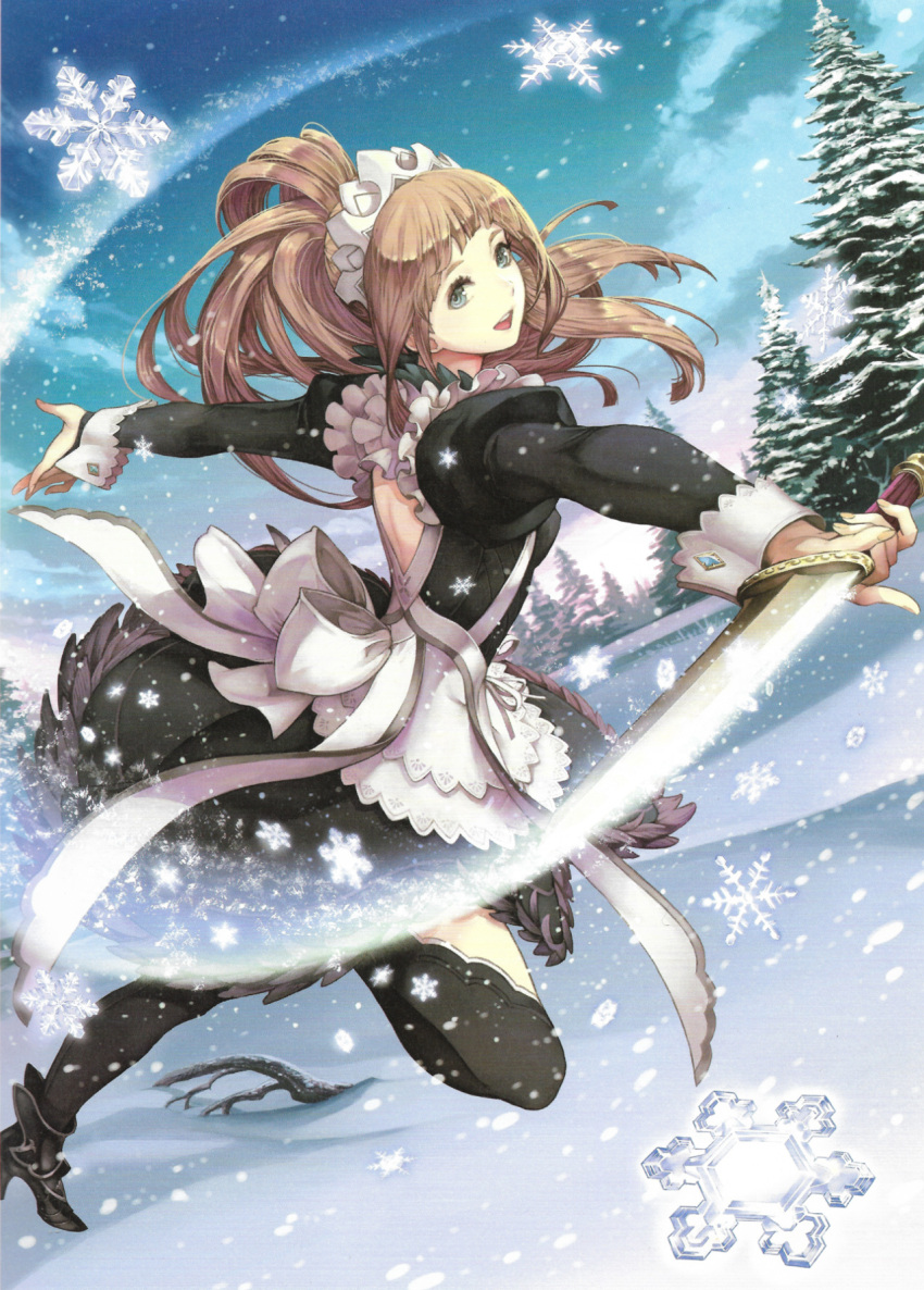 1girl apron blue_eyes brown_hair dagger felicia_(fire_emblem_if) fire_emblem fire_emblem_cipher fire_emblem_if highres ice long_hair maid maid_apron maid_headdress official_art open_mouth ponytail snow snowing solo tree weapon