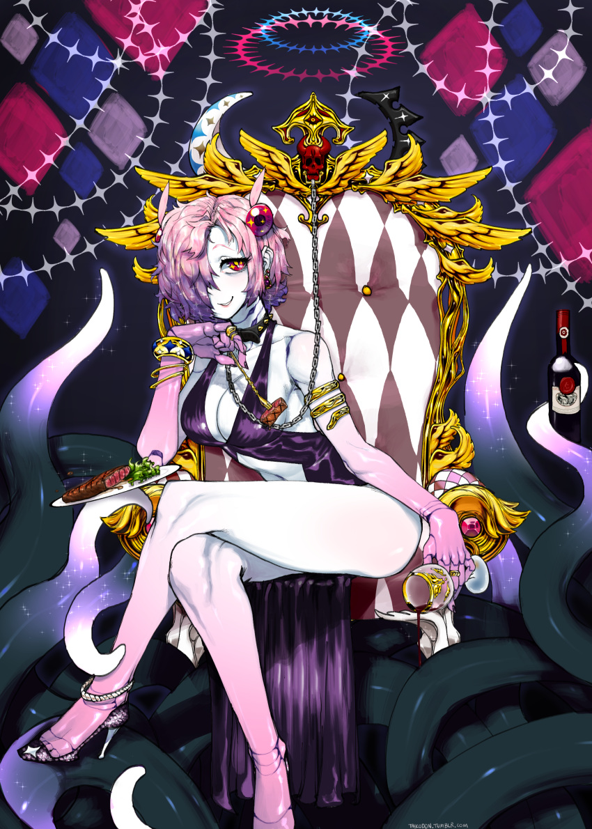 1girl absurdres alcohol bracelet breasts chain cleavage collar crossed_legs doll_joints food fork goblet hair_over_one_eye high_heels highres jewelry legs original pink_hair pink_skin plate red_eyes short_hair sitting smile snake_armband solo steak taikodon throne white_skin wine