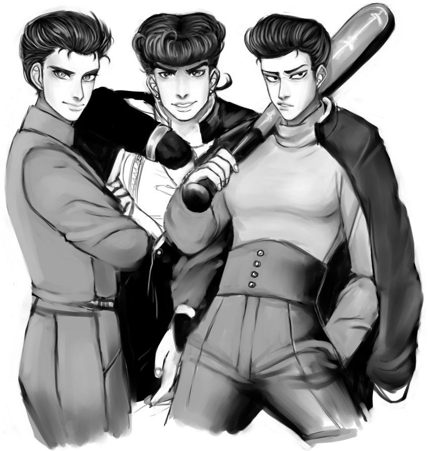 absurdres arm_on_shoulder baseball_bat crossed_arms crossover earrings gakuran greyscale hand_in_pocket higashikata_jousuke highres jacket_on_shoulders jewelry jojo_no_kimyou_na_bouken kinzoku_bat monochrome one-punch_man orpheus-alexander pompadour school_uniform smile urameshi_yuusuke yuu_yuu_hakusho