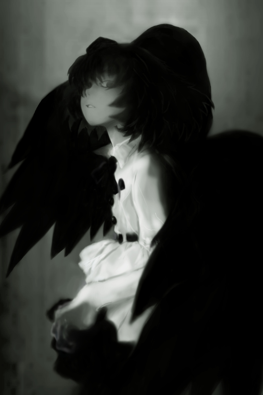 1girl absurdres black_hair black_wings futon_(kitsune_tsuki) glance highres looking_at_viewer monochrome shameimaru_aya shirt solo touhou wings