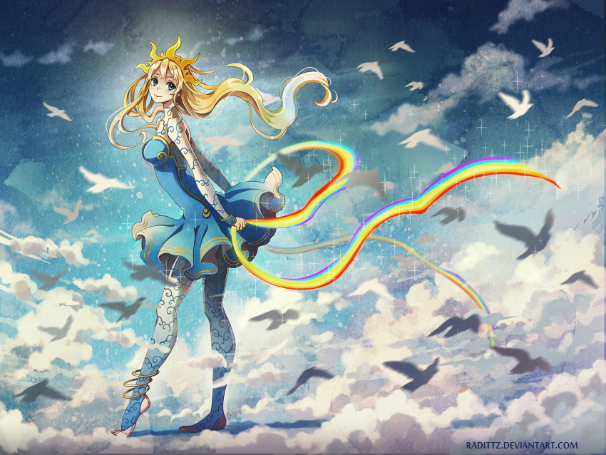 1girl animal anklet artist_name bird blonde_hair blue_dress blue_eyes blue_legwear blue_sky blush bracelet breasts clouds dress floating_hair flying from_side goddess highres holding jewelry long_hair long_sleeves looking_at_viewer looking_to_the_side motion_blur original outstretched_wings pantyhose radittz rainbow_order shawl sky solo sparkle standing tareme tiara tiptoes toeless_legwear toes underbust very_long_hair watermark wavy_hair web_address white_feathers wind