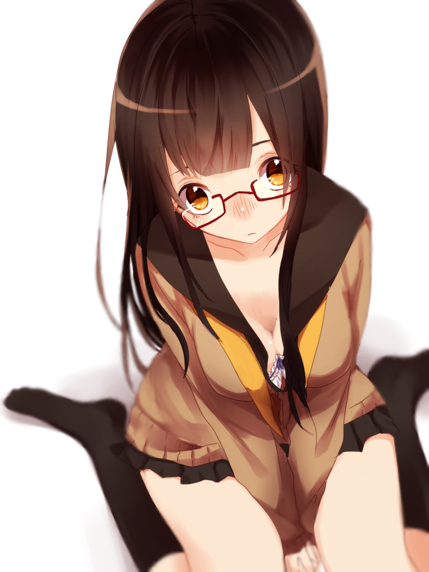 1girl :&lt; bangs black_legwear black_skirt blurry blush bra breast_squeeze breasts brown_eyes brown_hair cleavage collarbone depth_of_field downblouse expressionless from_above glasses head_tilt highres kneehighs long_hair long_sleeves looking_at_viewer miniskirt natsumura_amata nose_blush original pleated_skirt red-framed_glasses semi-rimless_glasses sidelocks sitting skirt sleeves_past_wrists solo tareme thighs under-rim_glasses underwear undone_necktie very_long_hair wariza white_bra