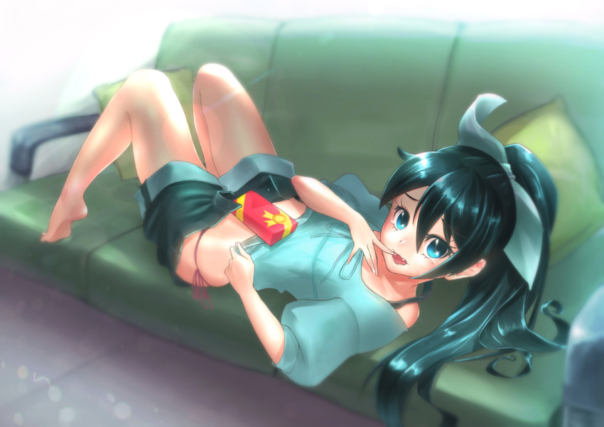 1girl absurdres akimoto_janome barefoot black_hair blue_eyes blue_shirt bow box bra_strap couch cushion eyelashes fang finger_to_mouth from_side ganaha_hibiki gift gift_box hair_bow hair_ribbon highres idolmaster knees_up legs long_hair looking_at_viewer looking_back lying midriff off_shoulder on_back on_couch open_fly open_mouth panties ponytail puffy_sleeves red_panties ribbon shirt short_sleeves shorts side-tie_panties solo tears unbuttoned underwear wavy_mouth