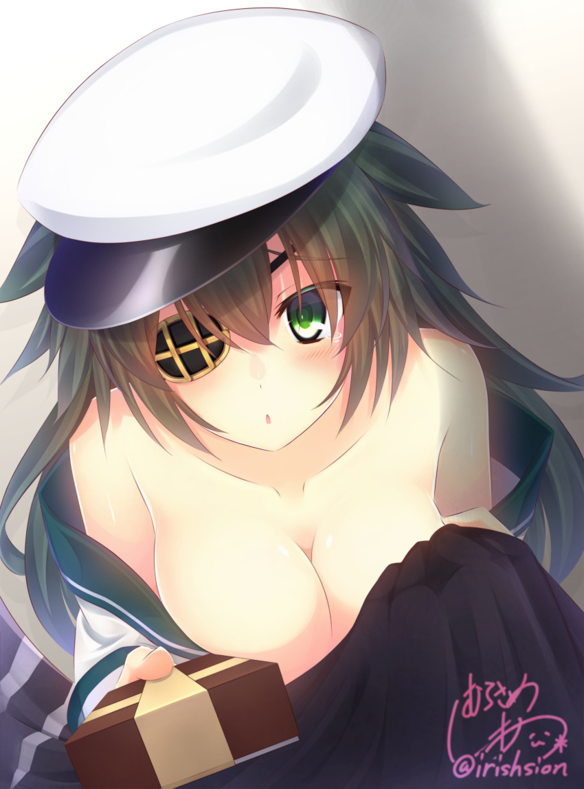 1girl :o absurdres bare_shoulders blush box breasts cleavage collarbone eyebrows eyebrows_visible_through_hair eyepatch eyes_visible_through_hair gift gift_box gradient gradient_background green_eyes hair_between_eyes hat highres holding_gift kantai_collection kiso_(kantai_collection) long_hair looking_at_viewer loose_shirt no_bra off_shoulder peaked_cap shade shadow shirt signature solo tail_ein tears upper_body valentine