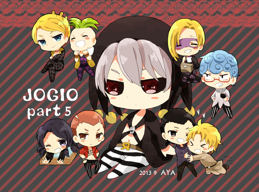 &gt;_&lt; absurdres artist_name aya_(421ura) black_gloves black_hair black_sclera blonde_hair blue_eyes blue_hair box chibi clenched_teeth closed_eyes coat crossed_legs curly_hair dated formaggio gelato ghiaccio glasses gloves green_hair grey_hair heart highres illuso jar jojo_no_kimyou_na_bouken mask melone one_eye_closed open_mouth orange_eyes orange_hair pants pesci prosciutto quin_tails red_eyes risotto_nero sitting smile sorbet striped striped_background striped_pants teeth violet_eyes