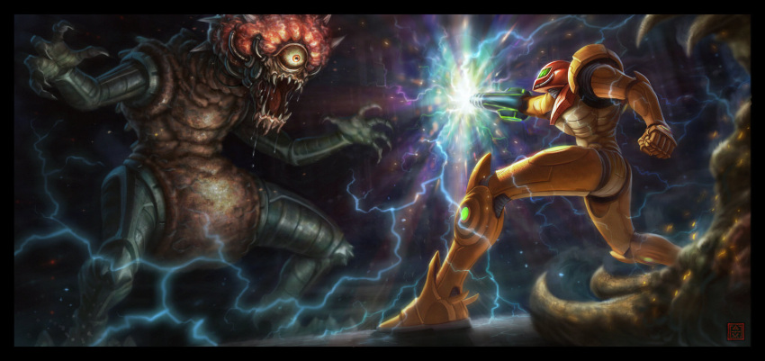 1girl adam_vehige alien arm_cannon armor battle brain claws cyborg cyclops death drooling fighting_stance highres looking_at_another metroid metroid_(creature) monster mother_brain nintendo one-eyed power_suit prosthesis saliva samus_aran sharp_teeth spikes super_metroid teeth varia_suit weapon