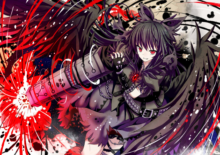 1girl adapted_costume alternate_color alternate_weapon arm_cannon belt bird_wings black_hair black_wings bow breasts cape chain chain_necklace dark_persona dress energy evil_grin evil_smile fingerless_gloves givuchoko gloves gothic grin hair_bow jewelry large_breasts long_hair radiation_symbol red_eyes reiuji_utsuho slit_pupils smile solo studded_belt studded_bracelet studded_trim thigh_strap third_eye touhou very_long_hair weapon wings
