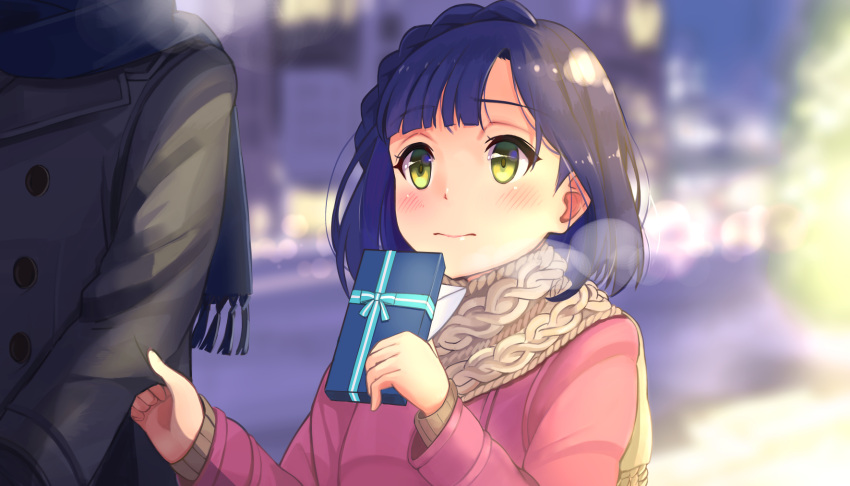 1girl 3: akame_(akamiru) bangs blue_hair blue_scarf blurry blush bokeh bow box braid buttons closed_mouth coat depth_of_field envelope eyebrows eyebrows_visible_through_hair fringe gift gift_box height_difference highres holding_gift idolmaster idolmaster_million_live! letter long_sleeves looking_at_another nanao_yuriko out_of_frame pulling ribbed_sweater ribbon scarf short_hair solo_focus sweater tree upper_body valentine winter winter_clothes yellow_eyes