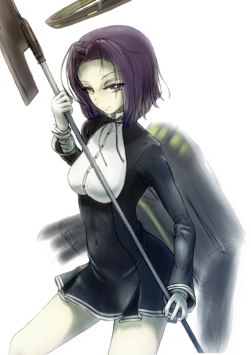 1girl absurdres breasts cowboy_shot glaive gloves hair_intakes highres holding_weapon kantai_collection light_smile long_sleeves looking_at_viewer mechanical_halo nito_(nshtntr) polearm purple_hair school_uniform short_hair simple_background smile solo tatsuta_(kantai_collection) violet_eyes weapon white_background white_gloves